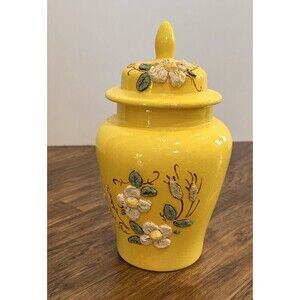 MCM Yellow Jar Glazed Ceramic Flower Leaf Design Vintage Retro 10”Botanical